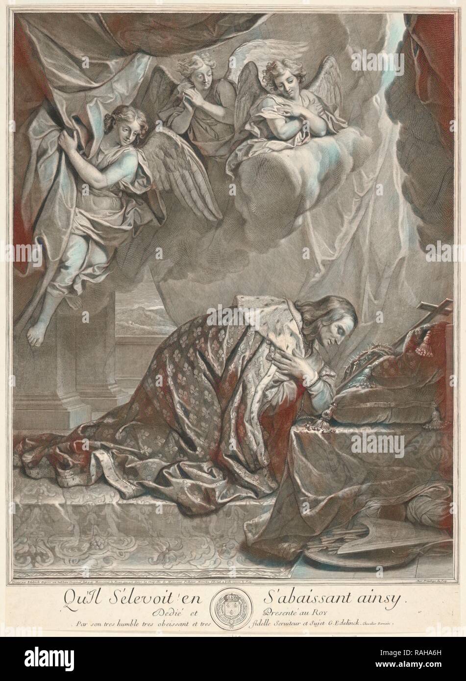 Retrato de San Luis, rey de Francia, Gérard Edelinck, 1640-1707, Charles Le Brun, 1619-1690, grabado, negro- reinventado Foto de stock