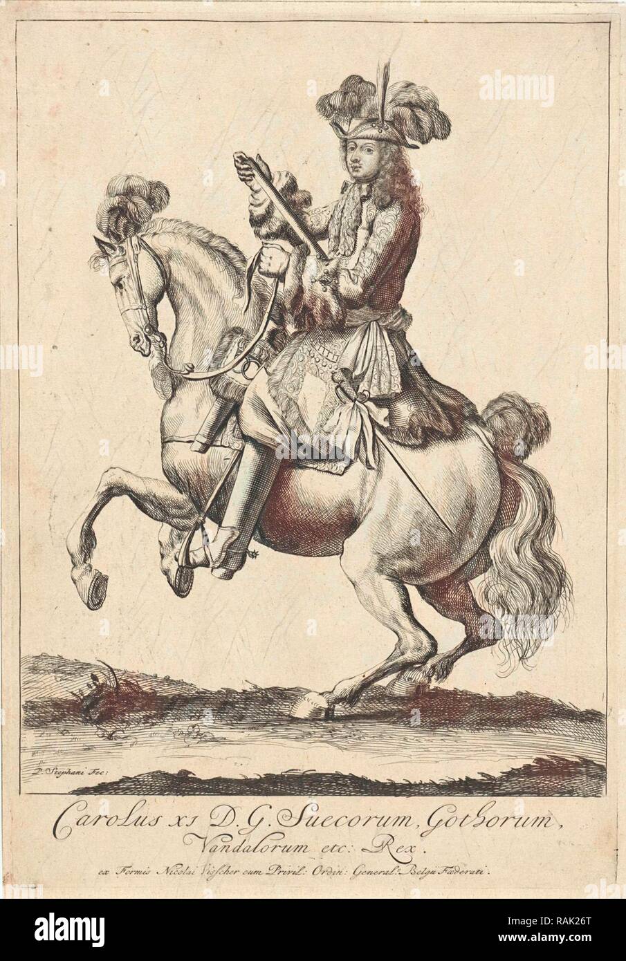 Retrato ecuestre del rey Carlos XI de Suecia, impresión de folletos: Pieter Stevens 1689, Nicolaes Visscher I, Nicolaes reinventado Foto de stock
