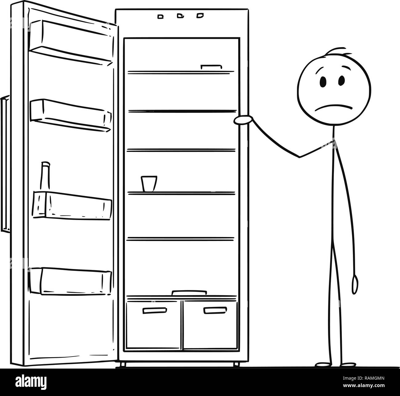 Caricatura de hombre hambriento y nevera vacía o refrigerador Ilustración del Vector
