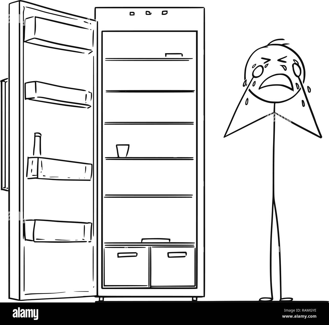 Caricatura de pisado Hombre llorando cerca del refrigerador o nevera vacía Ilustración del Vector