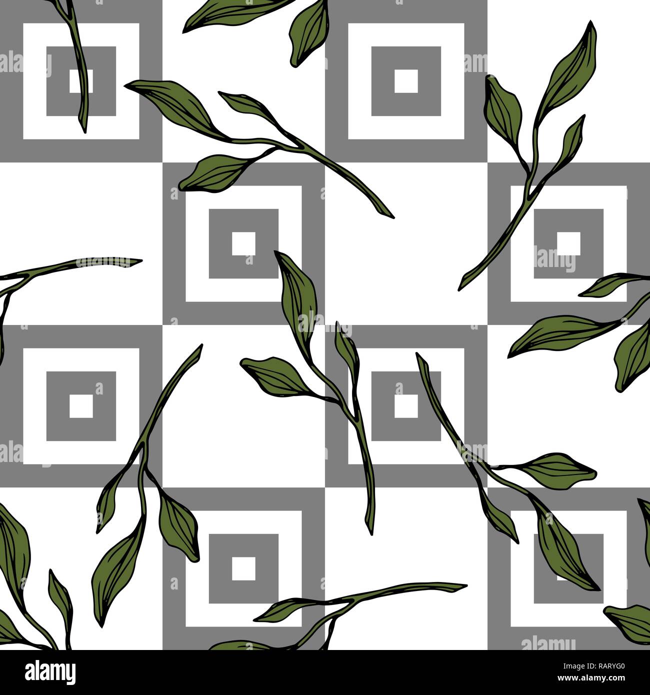 Vector. Jardín botánico de vegetales de hoja verde follaje floral. Grabado arte de tinta patrón sin fisuras con fondo blanco. Impresión de papel tapiz tejido de textura. Ilustración del Vector