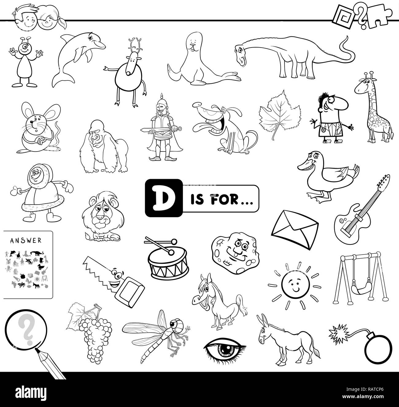 Ilustración caricatura en blanco y negro de encontrar la imagen que  empiezan con la letra d juego educativo Libro Libro para colorear para los  niños Imagen Vector de stock - Alamy