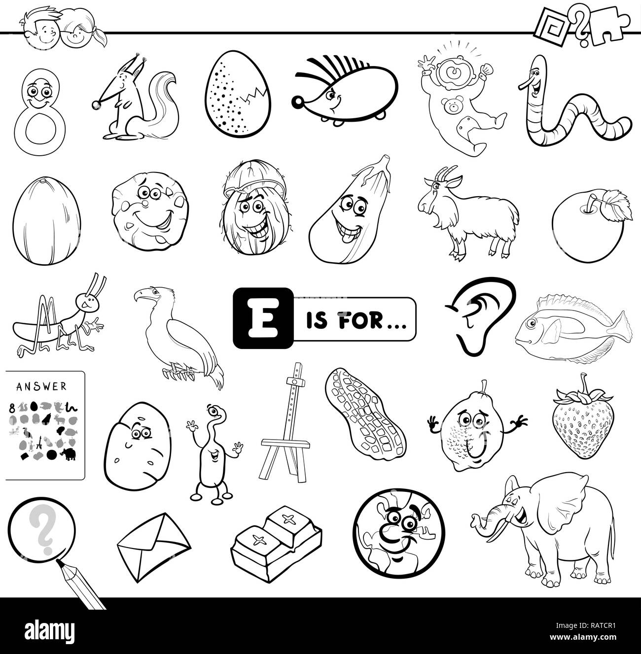 Ilustración caricatura en blanco y negro de encontrar la imagen que empiezan  con la letra E juego educativo Libro Libro para colorear para los niños  Imagen Vector de stock - Alamy