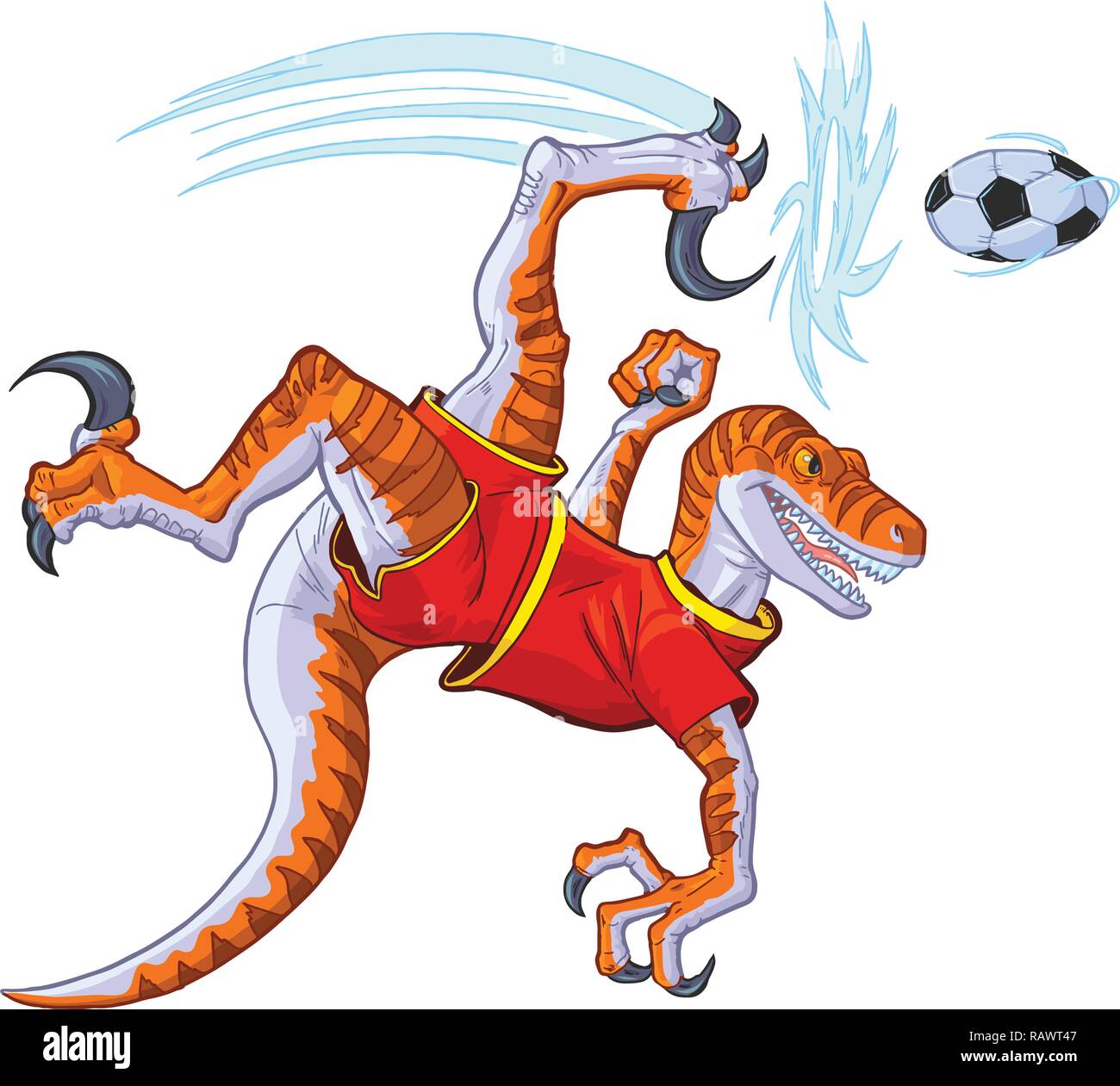 Cartoon clip art ilustración de un velociraptor dinosaurio en bicicleta  uniforme pateando una pelota de fútbol. color uniforme en capas separadas  Imagen Vector de stock - Alamy