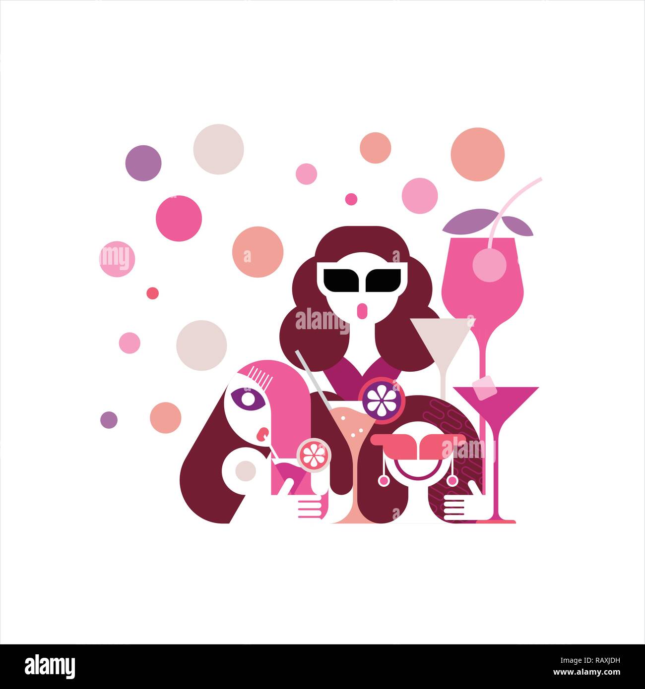 Cóctel ilustración vectorial. Tres jóvenes mujeres hermosas disfrutando de bebidas en el bar de cócteles. Ilustración del Vector