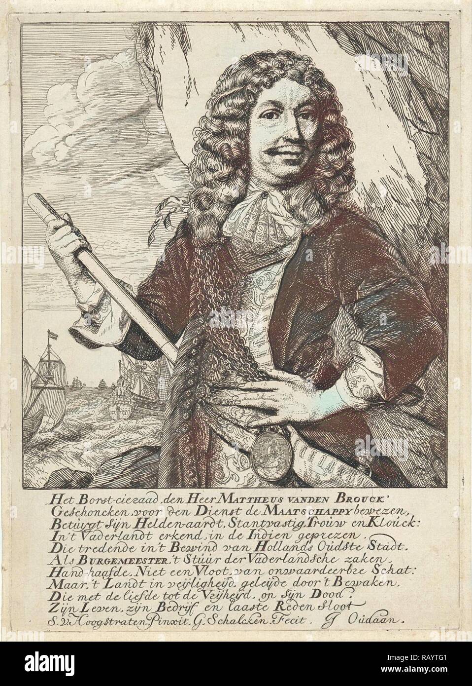 Retrato del alcalde de Dordrecht y Almirante Mattheus van den Broucke pecho con una joya y un bastón de mando, detrás de él, un reinventado Foto de stock