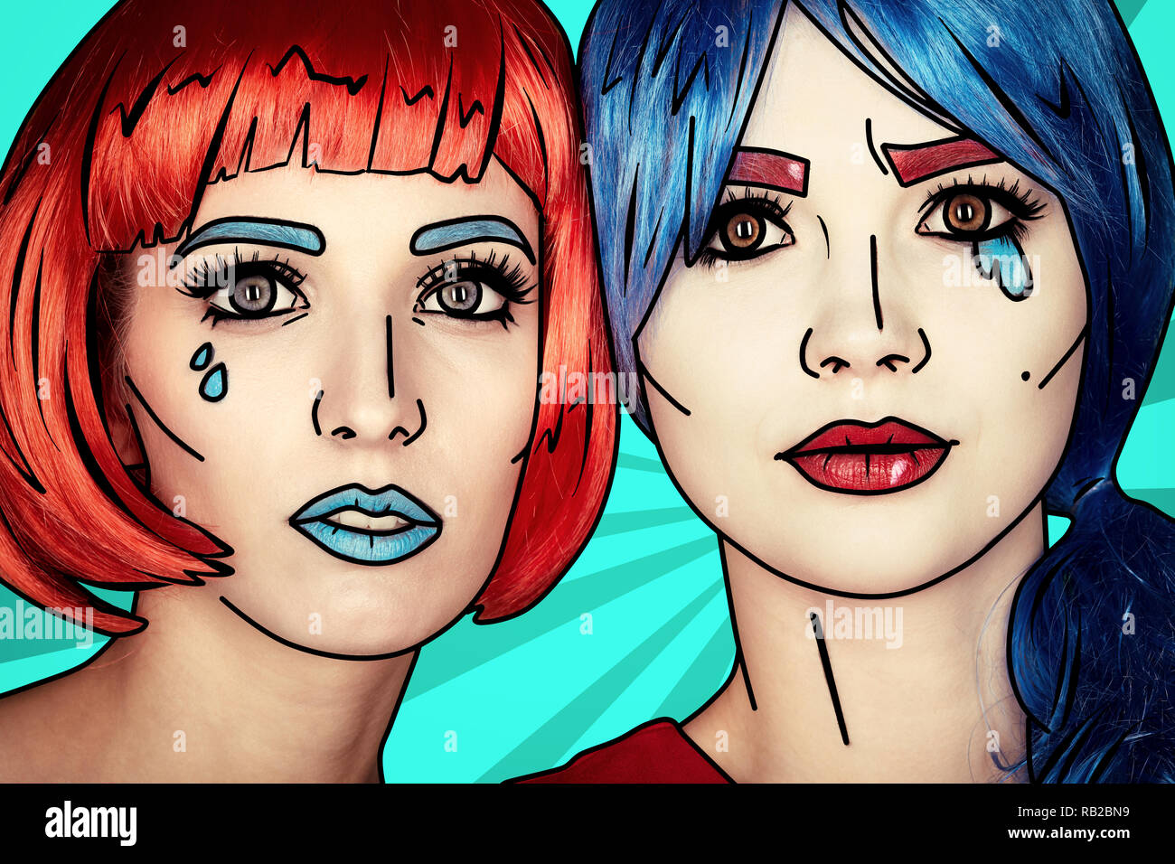 Retrato de mujer joven en comic pop art estilo de maquillaje. Las hembras  de pelucas rojas y azules sobre fondo azul Fotografía de stock - Alamy