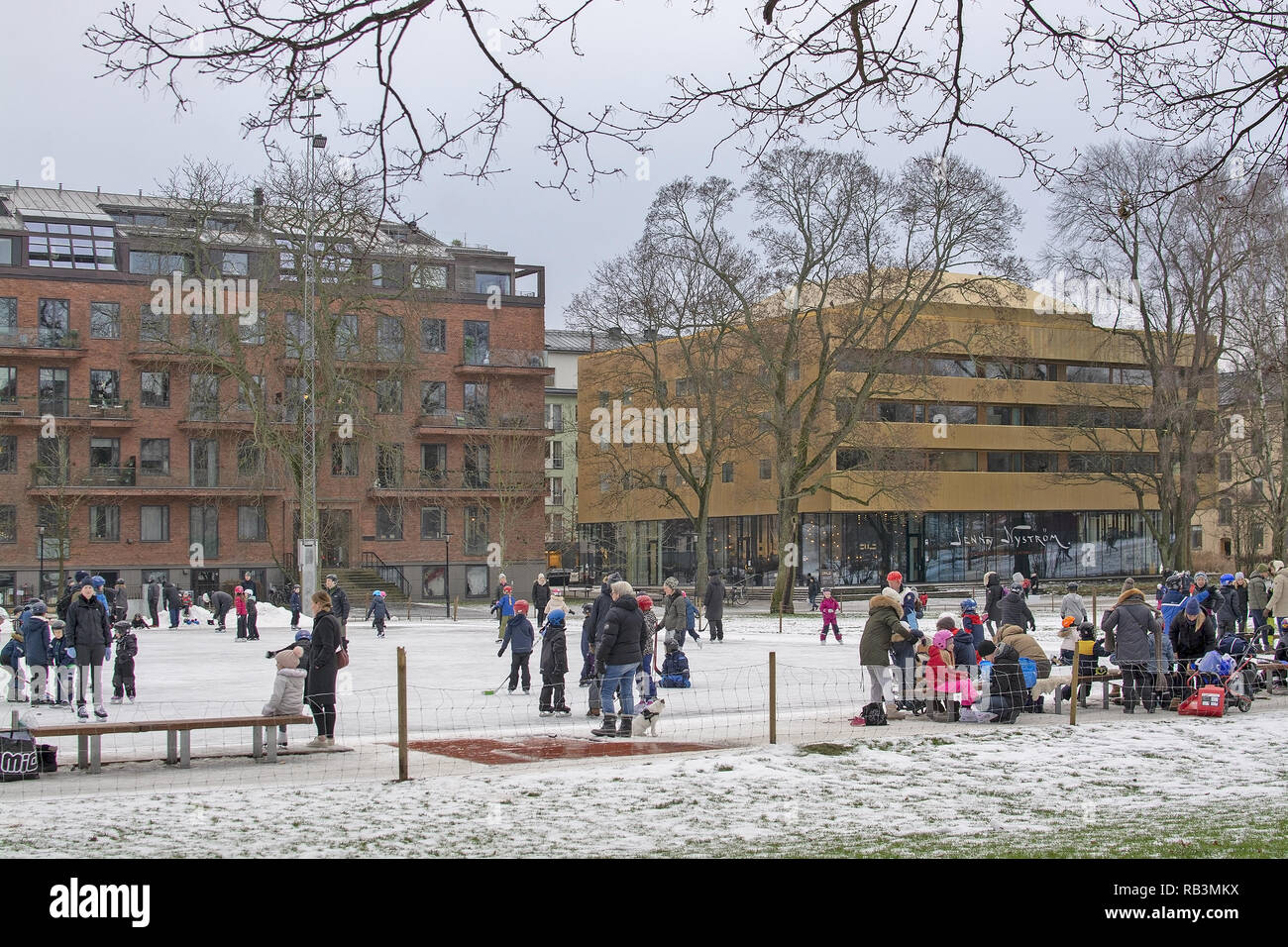 Estocolmo, Suecia - 29 de diciembre de 2018: los patinadores sobre hielo en un día frío y nublado en Vasaparken el 29 de diciembre de 2019 en Estocolmo, Suecia Foto de stock