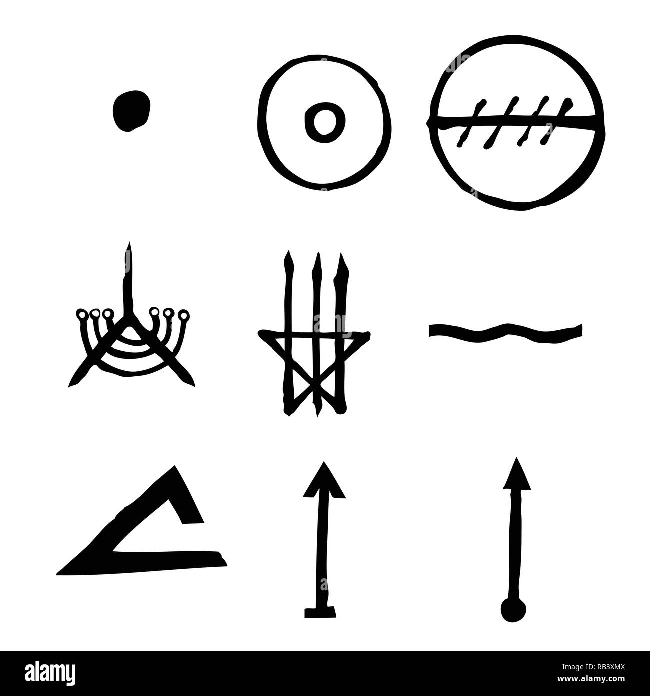 Conjunto de elementos de diseño de símbolos esotéricos. Imaginario alquimia manuscrita signos, espacio, espiritualidad, inspirada por el misticismo, la francmasonería, la astrología. Vecto Ilustración del Vector