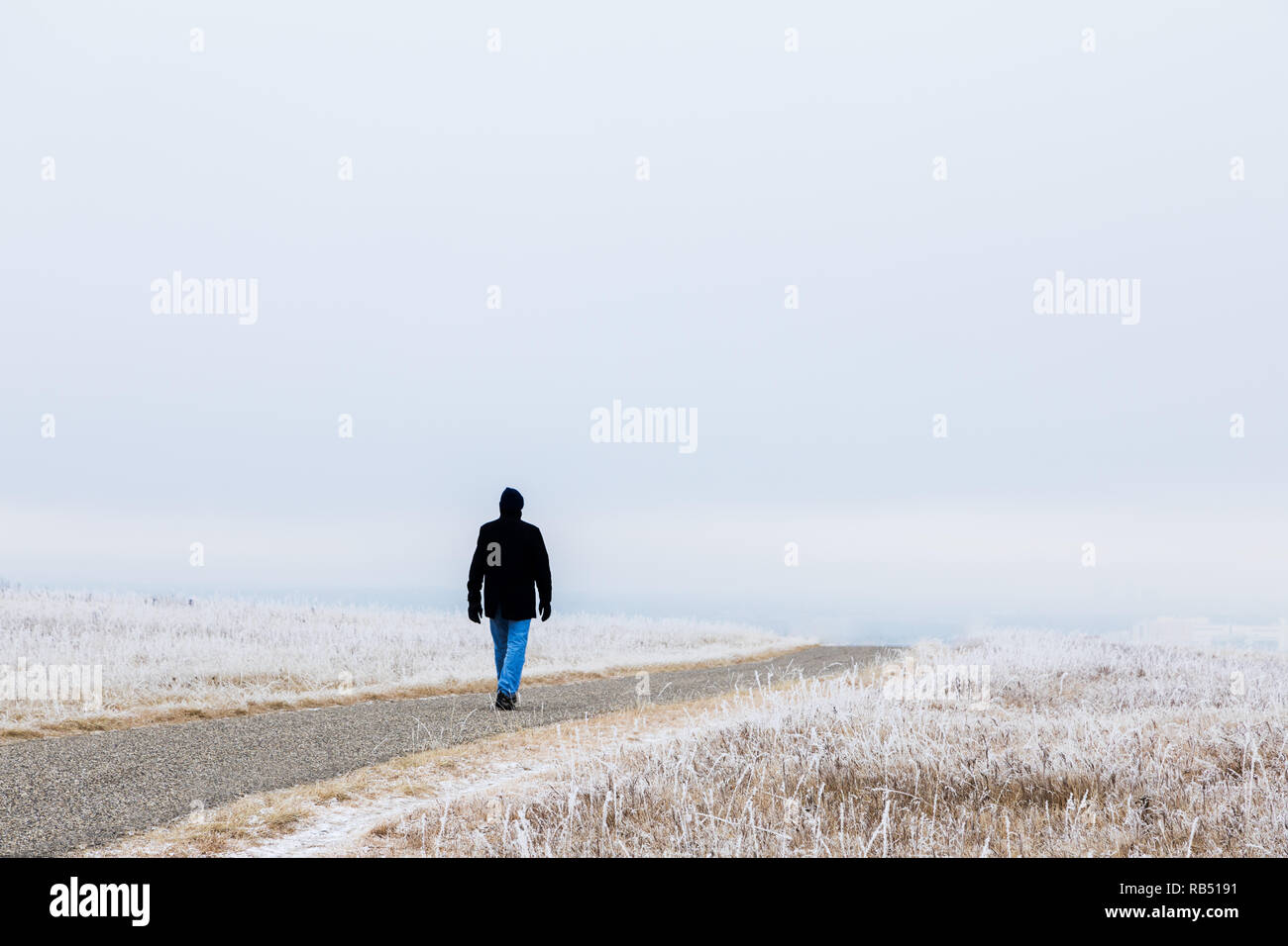 Un Paseo De Invierno Un Hombre Camina Solo A Traves De La Cubierta De Hielo Pairie Fotografia De Stock Alamy