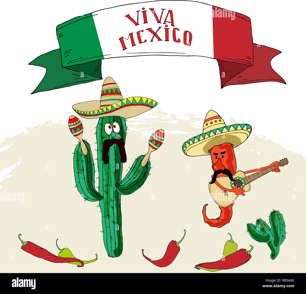 Tarjeta de felicitación de Viva México con letras, cactus, sombrero,  guitarra está dibujada a mano. Elementos tradicionales mexicanos.  Ilustración vectorial Imagen Vector de stock - Alamy