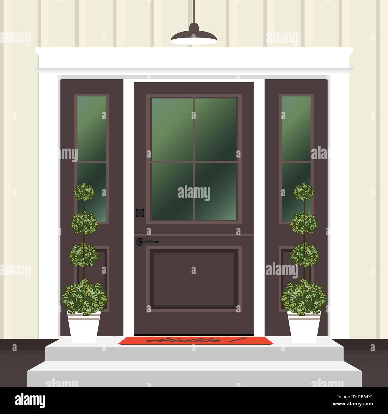 La puerta delantera de la casa con puerta y ventana, alfombrilla, lámparas,  flores, la construcción de la fachada de entrada, entrada exterior diseño  ilustración vector en estilo plano Imagen Vector de stock 