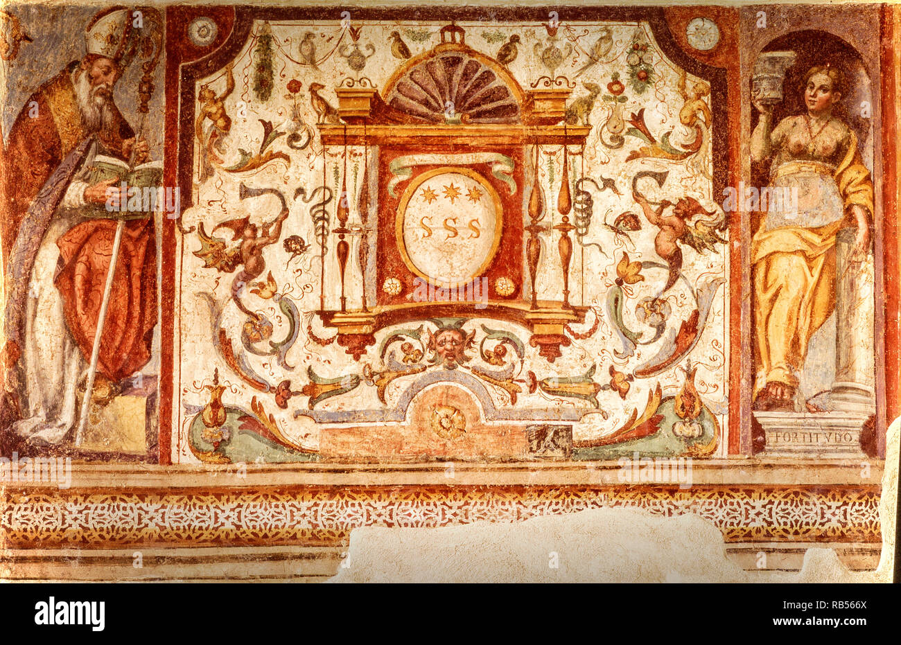 Italia Basilicata Montescaglioso biblioteca de la abadía de San Michele del abad frescos - la virtud y la fuerza, lado derecho médicos Foto de stock