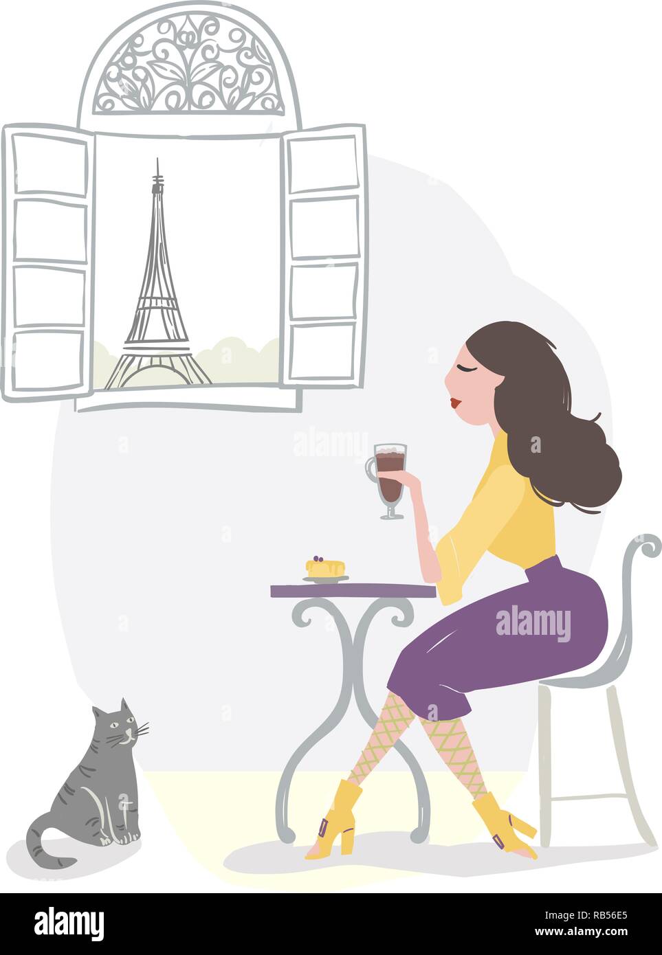 Chica bebiendo un café en un café parisino Ilustración del Vector