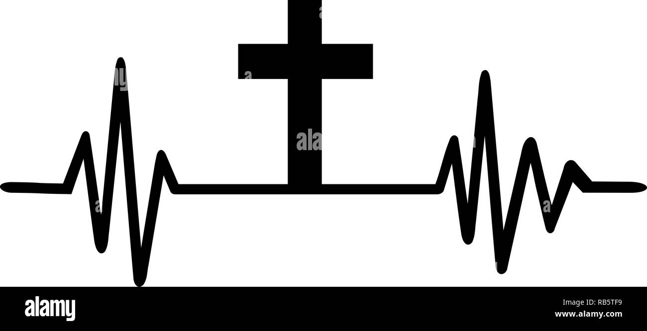 Línea de pulso latido con religiosas cruz negra Foto de stock