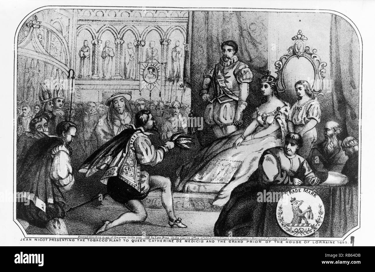 Ilustración de Jean Nicot presentación de la planta de tabaco a la reina Catalina de Médicis y el Gran Prior de la Casa de Lorena. Fecha 1655 Foto de stock