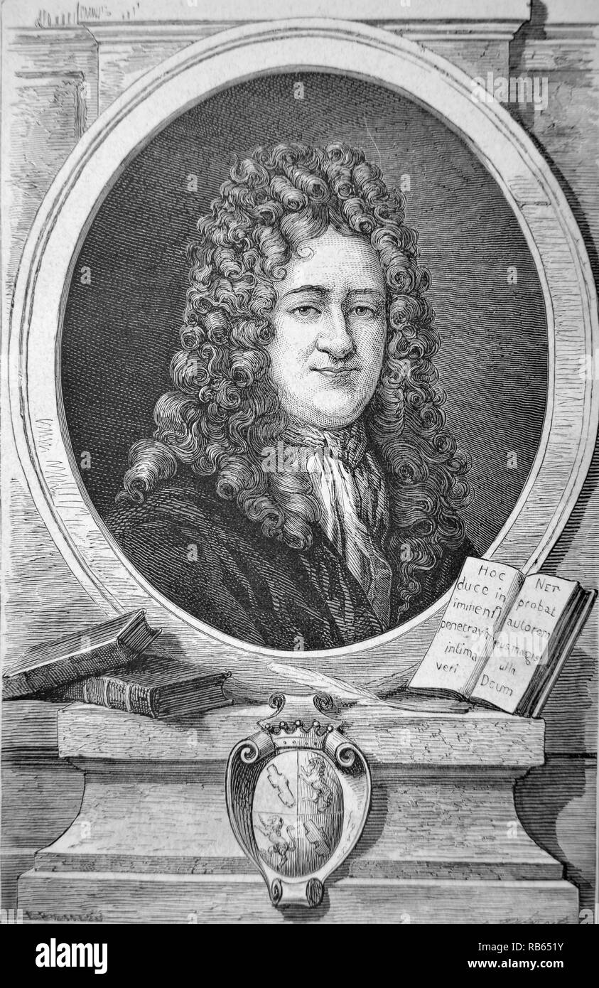 Gottfried Wilhelm Leibniz (1646-1716) matemático y filósofo alemán. Grabado, París, 1874. Foto de stock