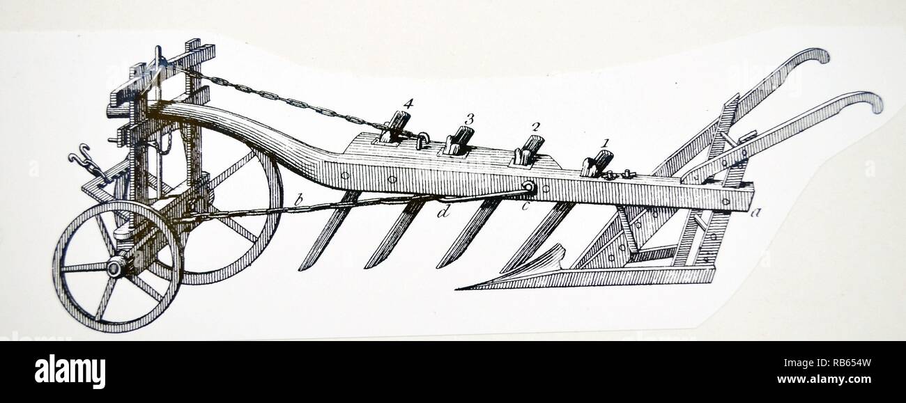 Arado de ruedas con cuatro rejas, diseñado por el agrónomo Inglés, Jethro Tull (1674-1741). Grabado de ''Cyclopedia'' de Ephraim Chambers, Londres, 1786. Foto de stock