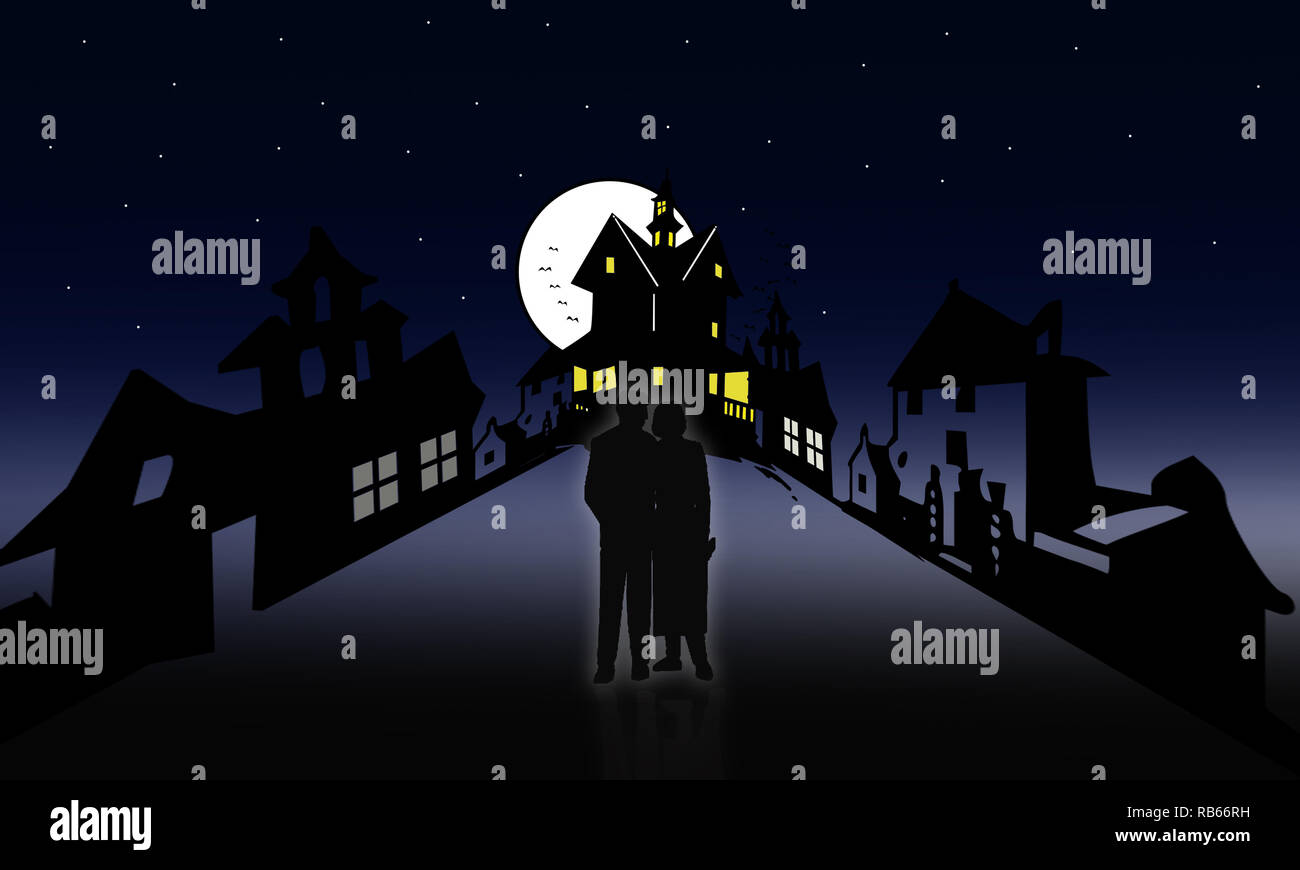Ilustración de amantes caminando en la noche de Halloween. Pareja en lugar encantada espeluznante aventura paisaje. Pareja de amor caminar bajo la noche de luna llena. Foto de stock