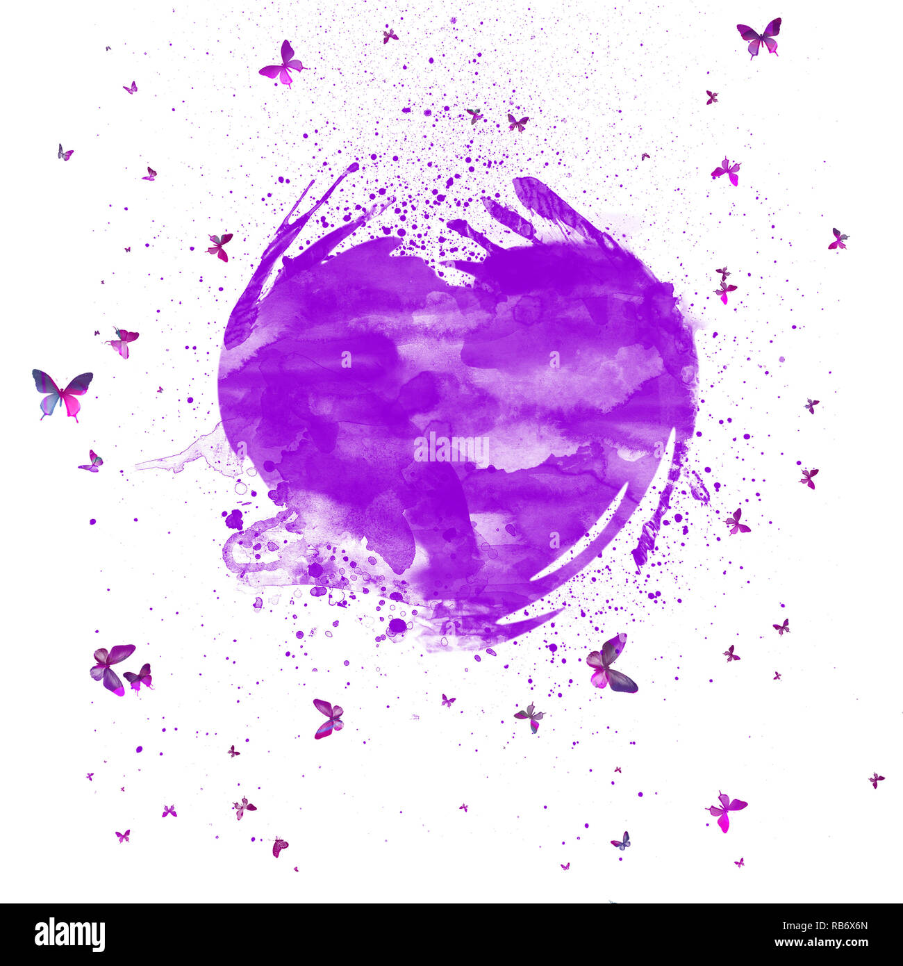 Salpicaduras de acuarela abstracta del corazón púrpura . Corazón con mariposas coloridas Foto de stock
