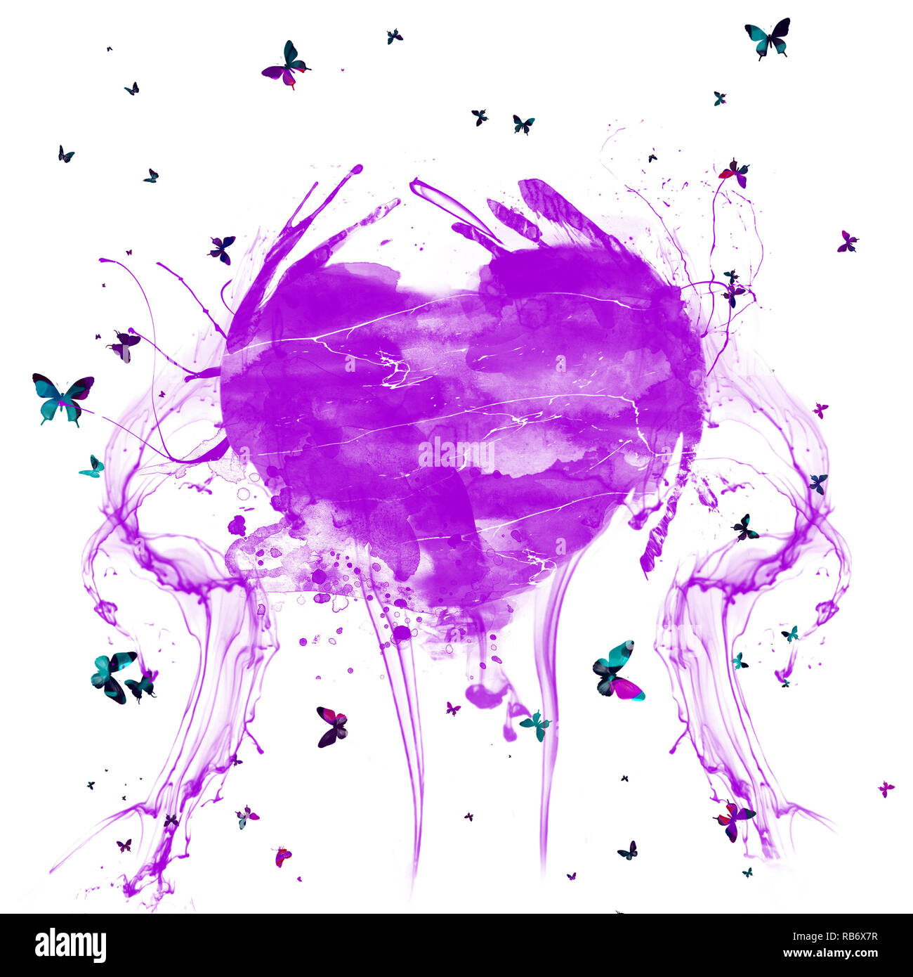 Salpicaduras de acuarela abstracta del corazón púrpura . Corazón con mariposas coloridas Foto de stock