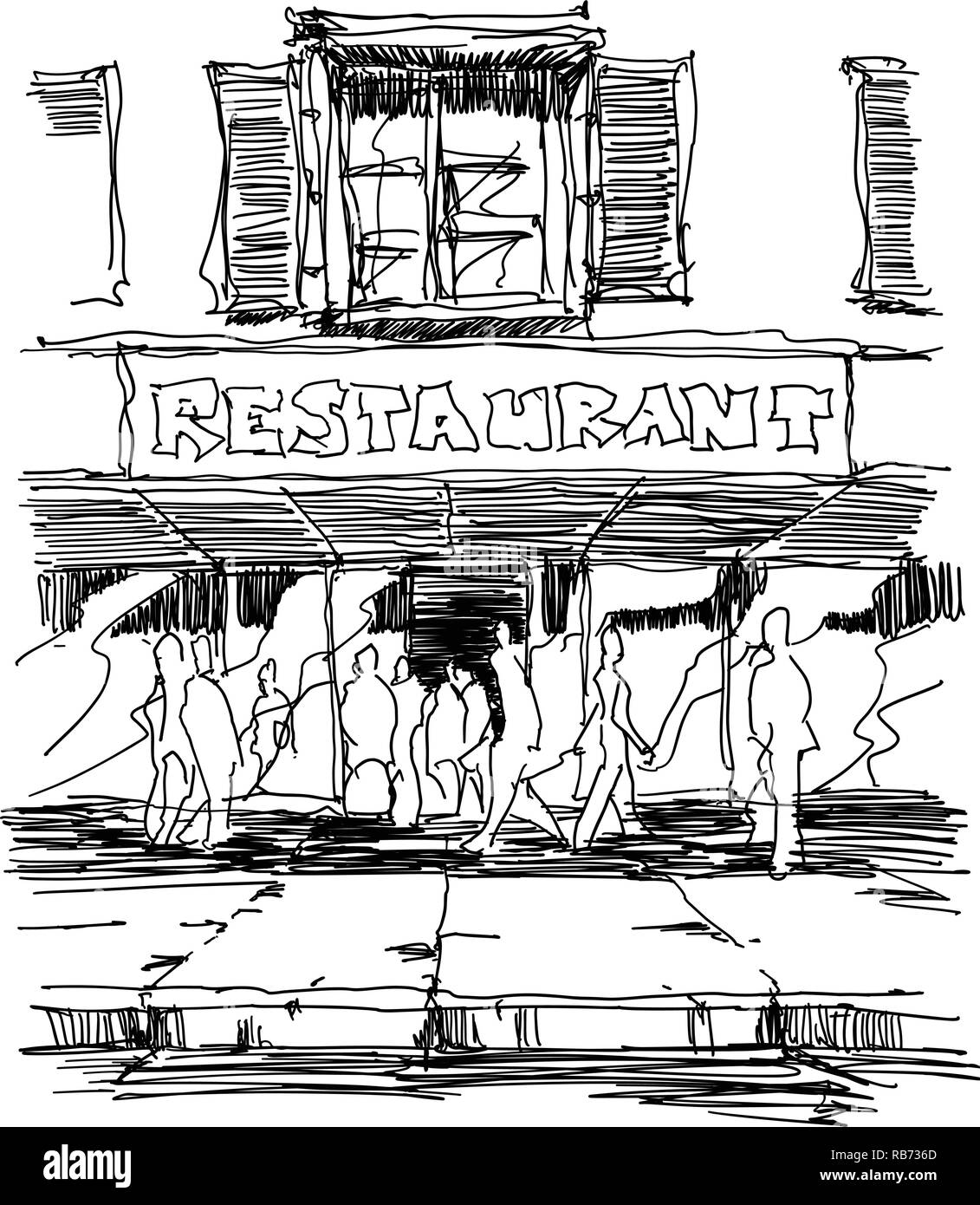 Croquis Dibujados A Mano De Entrada A Un Restaurante Situado En La Calle Con Mucha Gente 