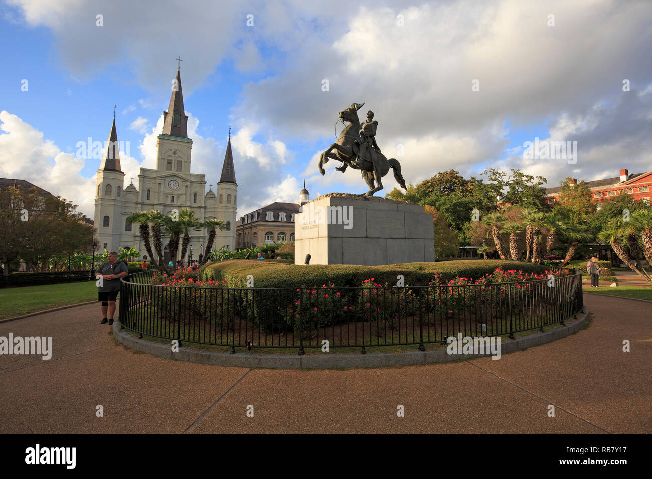 Jackson Square con estatua de Andrew Jackson, el Barrio Francés de Nueva Orleans. Foto de stock