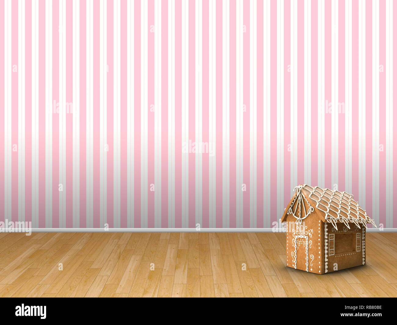 Ilustración 3D rendering de casa de pan de jengibre y la habitación vacía  con empapelado a rayas rosa y parquet marrón Fotografía de stock - Alamy