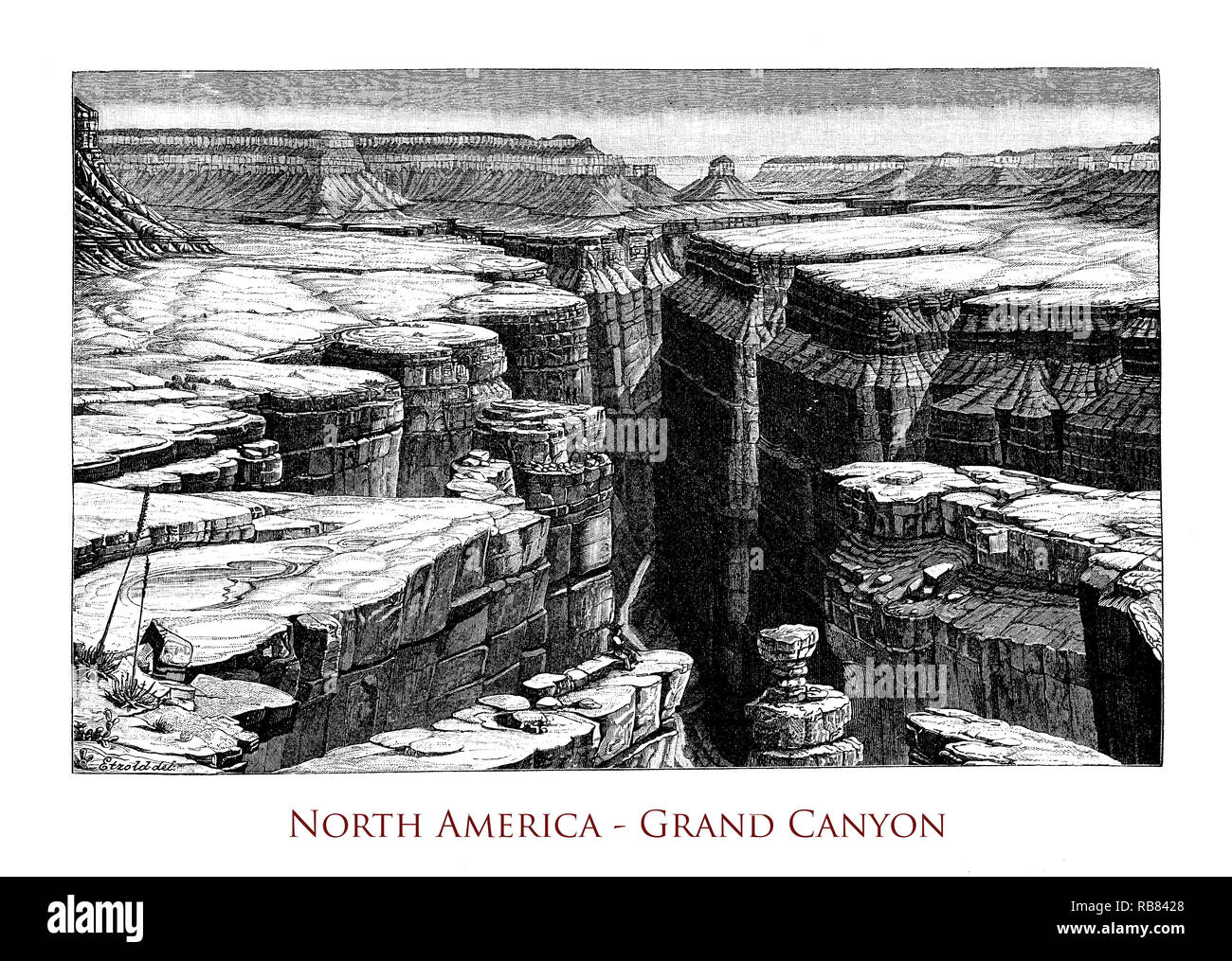 Vintage grabado de América del Norte Gran Cañón, el valle del río espectacular esculpido por el río Colorado Foto de stock