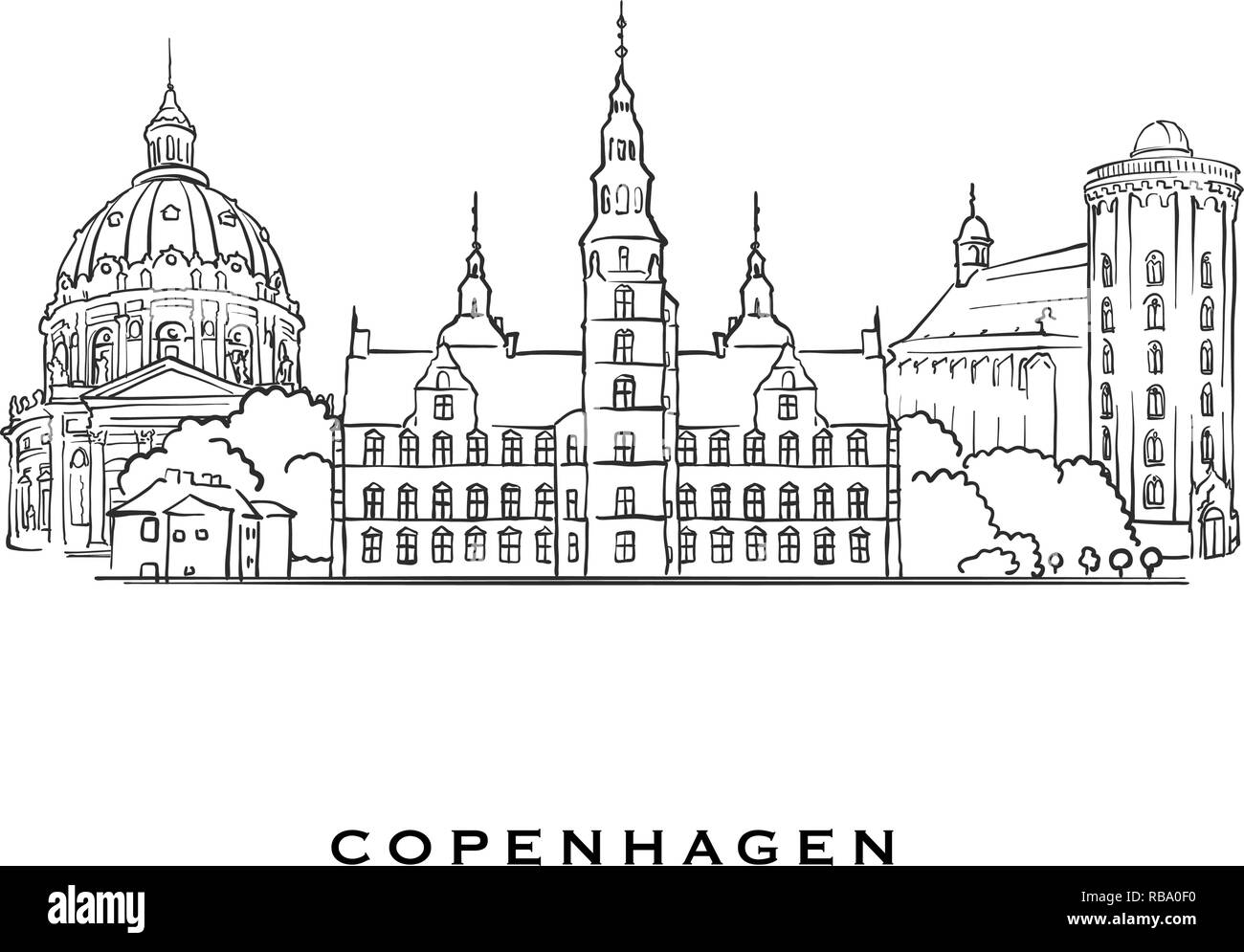 Copenhague, Dinamarca famoso de la arquitectura. Esbozó vector separados sketch sobre fondo blanco. Dibujos de arquitectura de todas las capitales europeas. Ilustración del Vector