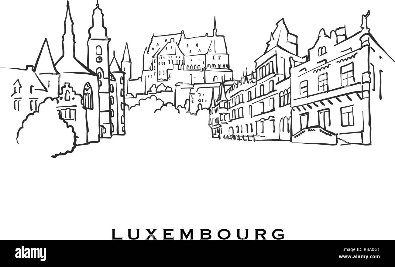 Luxemburgo famosa arquitectura. Esbozó vector separados sketch sobre fondo blanco. Dibujos de arquitectura de todas las capitales europeas. Ilustración del Vector