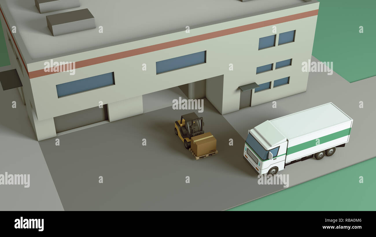 Vista superior de un almacén con un montacargas cargando una caja de