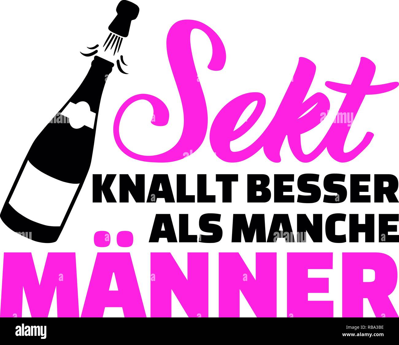 Champagne bangs mejor que algún hombre lema con botella de vino espumoso y rosa cartas alemán Foto de stock