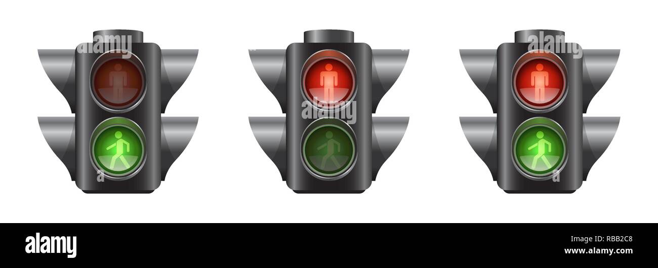 Conjunto de semáforos realista para peatones. Ilustración del Vector
