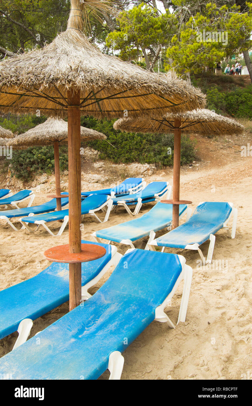 Reposeras y sombrillas de paja en la hermosa playa de Palma de Mallorca  Fotografía de stock - Alamy