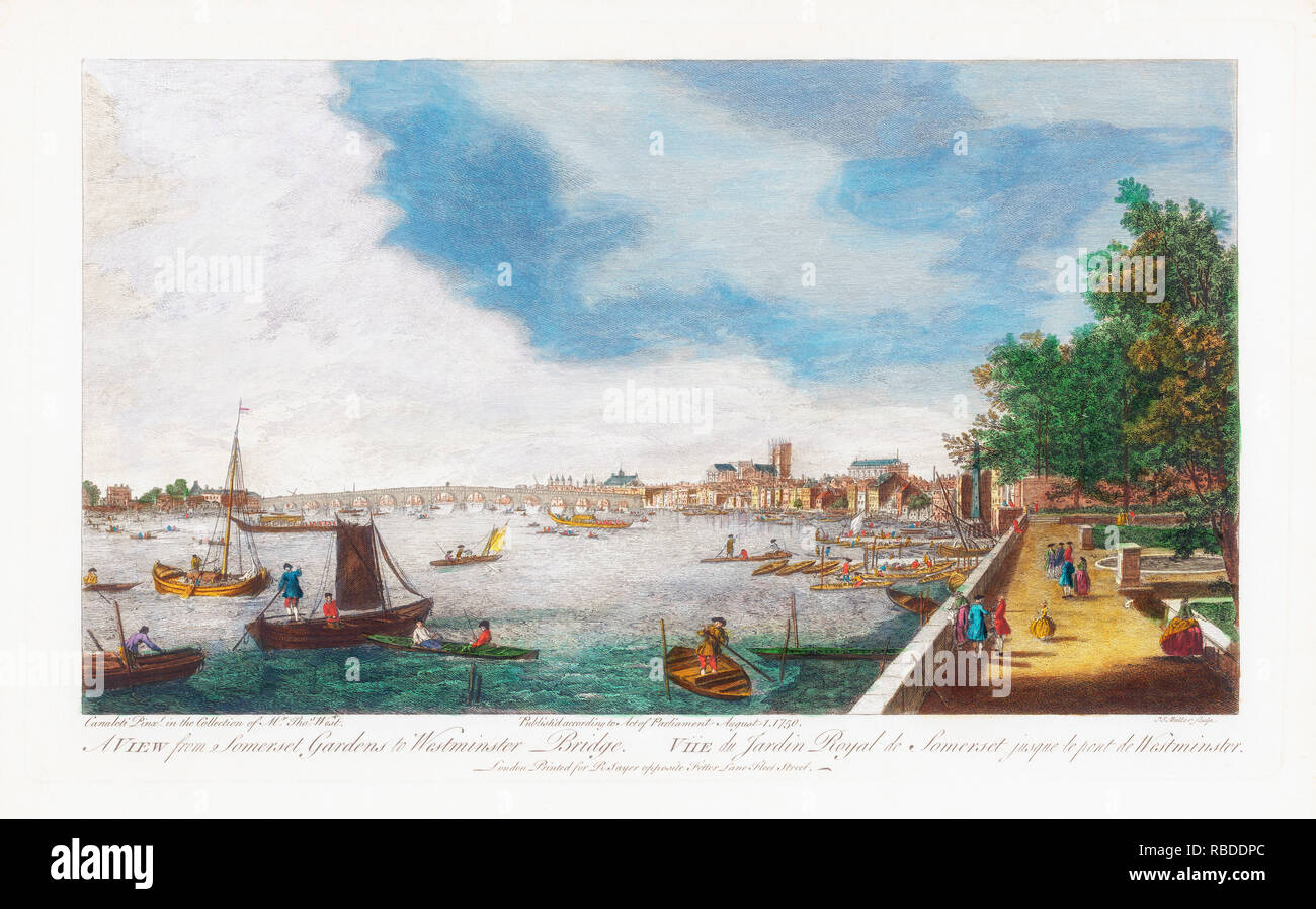 Londres, Inglaterra. Una vista de Somerset jardines hasta el puente de Westminster. Después de un grabado fechado en 1750 por John Miller, tras una pintura de Canaletto. Foto de stock