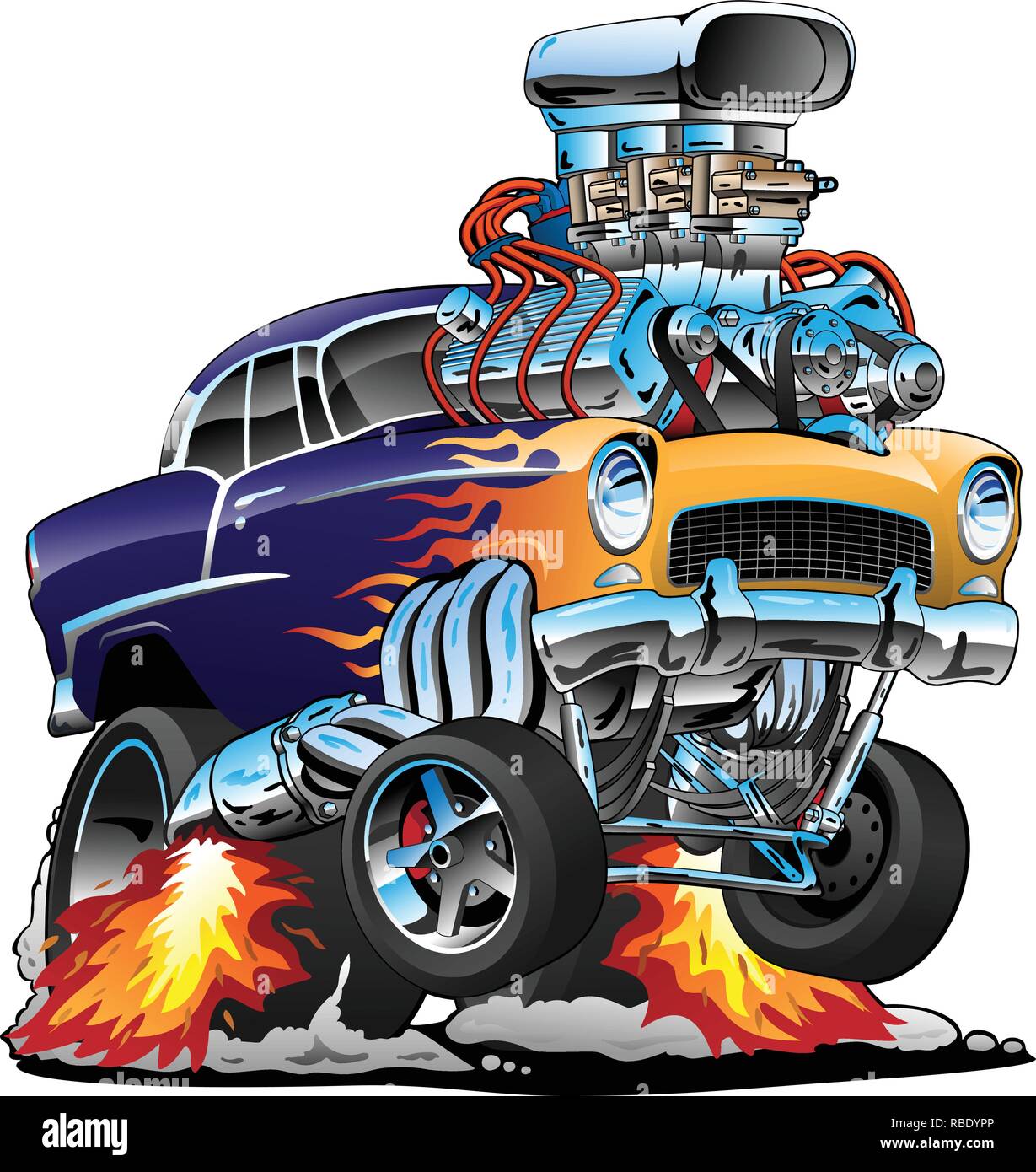 Classic hot rod músculo coche, llamas, gran motor, cartoon ilustración