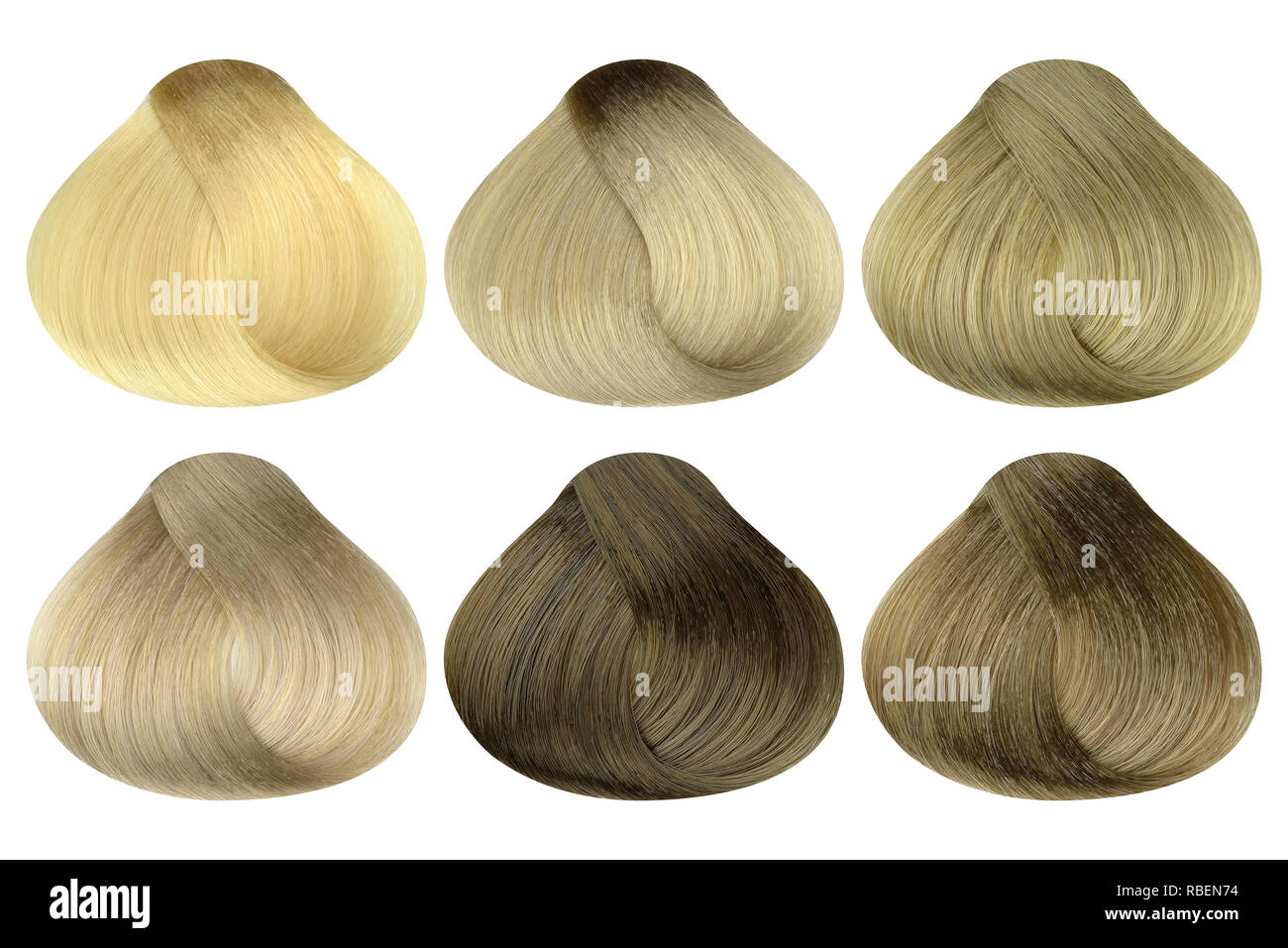 Conjunto de cerraduras de seis diferentes muestras de color de cabello  rubio (crema blanqueadora, muy ligero, luz, beige oscuro y rubia natural),  forma redondeada, aislado Fotografía de stock - Alamy