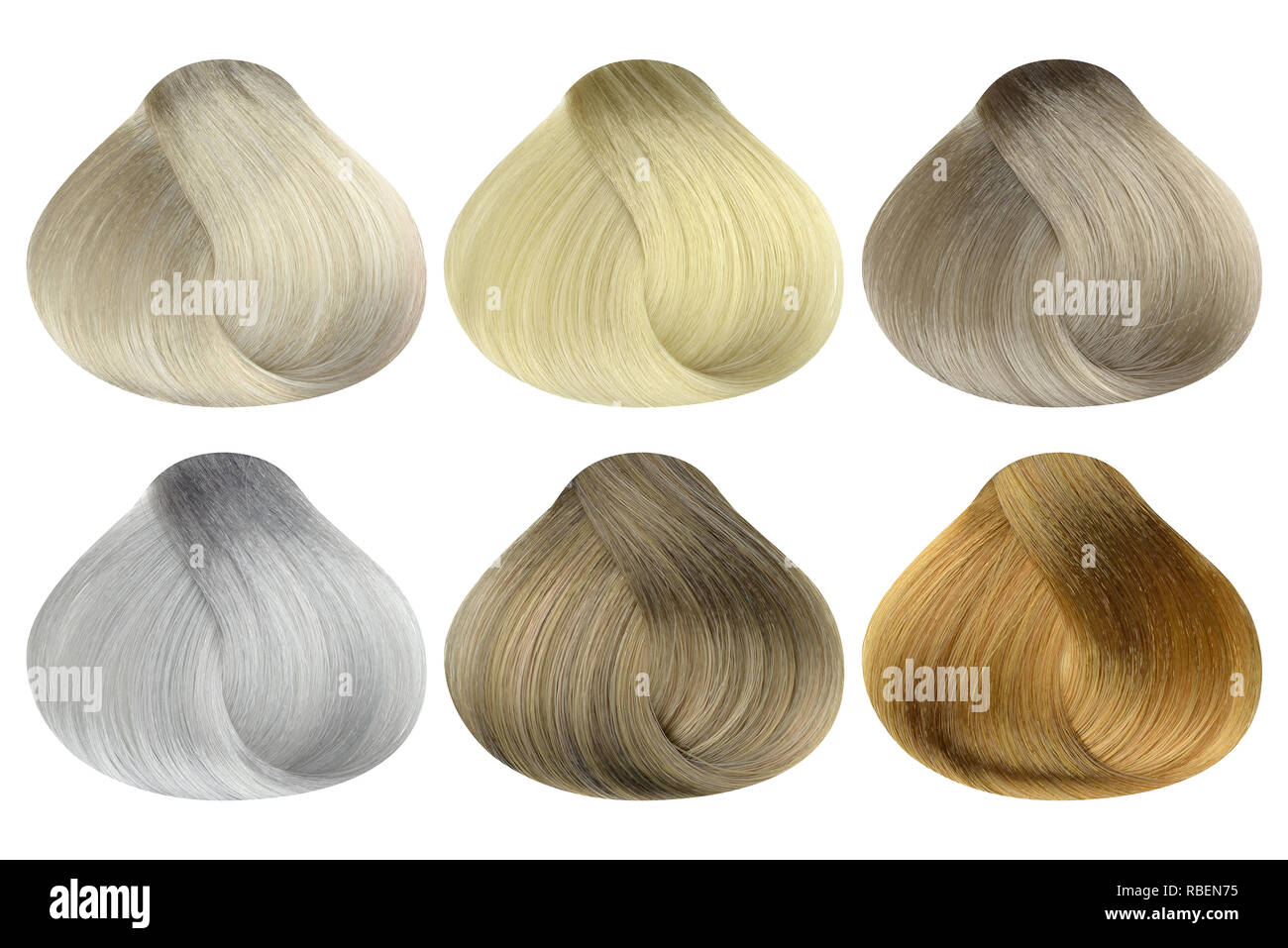 Conjunto de cerraduras de seis diferentes muestras de color de cabello  rubio (ártico, perla, ceniza claro, platinum, cenizas y rubia),  redondeados, aislado en blanco Fotografía de stock - Alamy