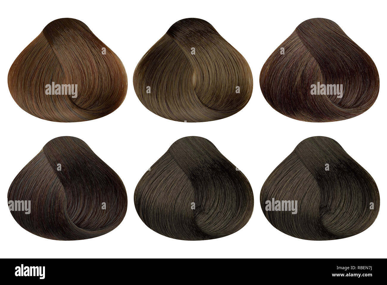 Conjunto de cerraduras de seis diferentes muestras de color de cabello  marrón (caramelo, café oro, Auburn Auburn, oscuro y natural marrón  chocolate oscuro), redondeados Fotografía de stock - Alamy