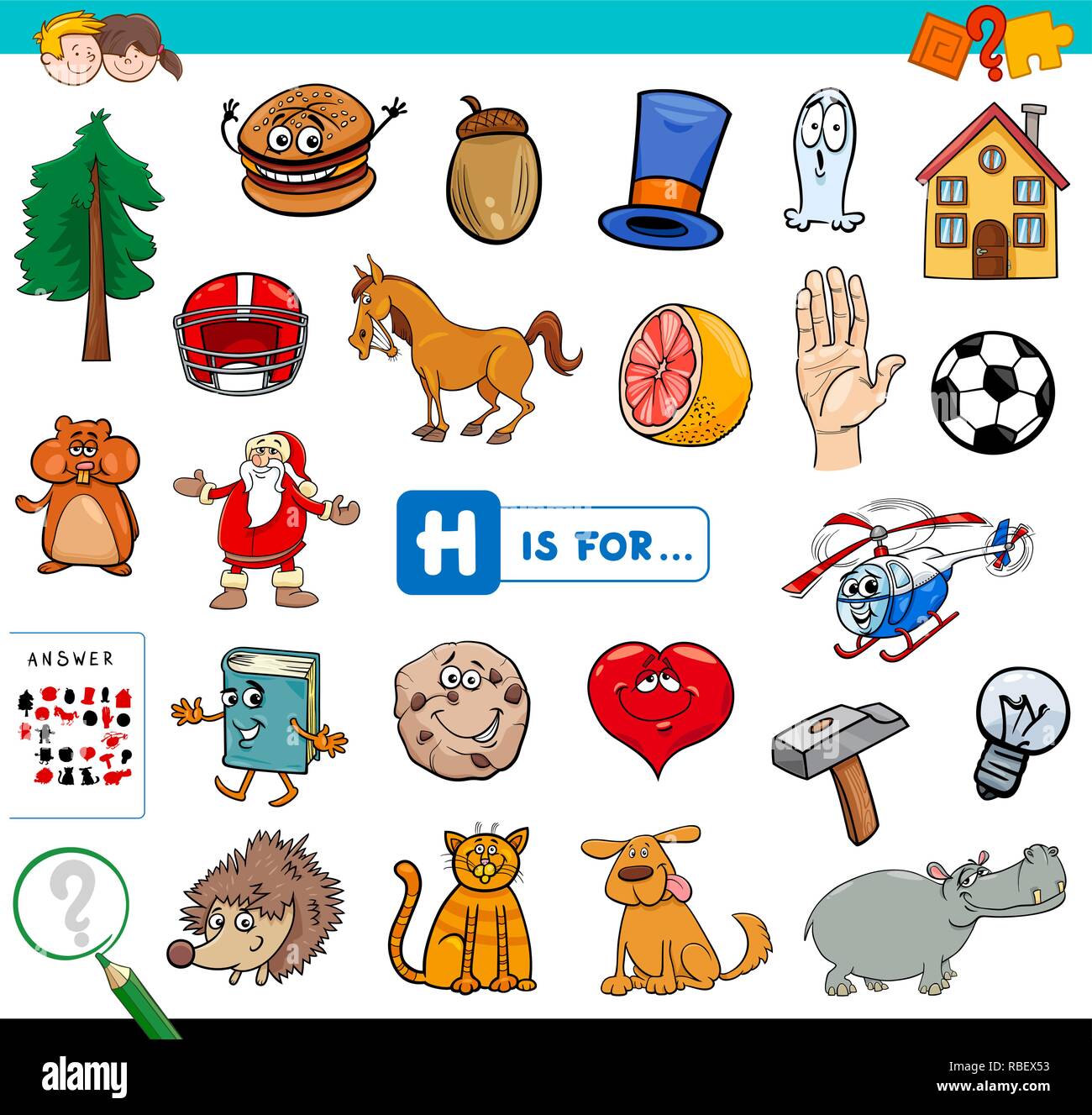Ilustración de dibujos animados de encontrar la imagen que empiezan con la  letra H del libro de juegos educativos para niños Imagen Vector de stock -  Alamy