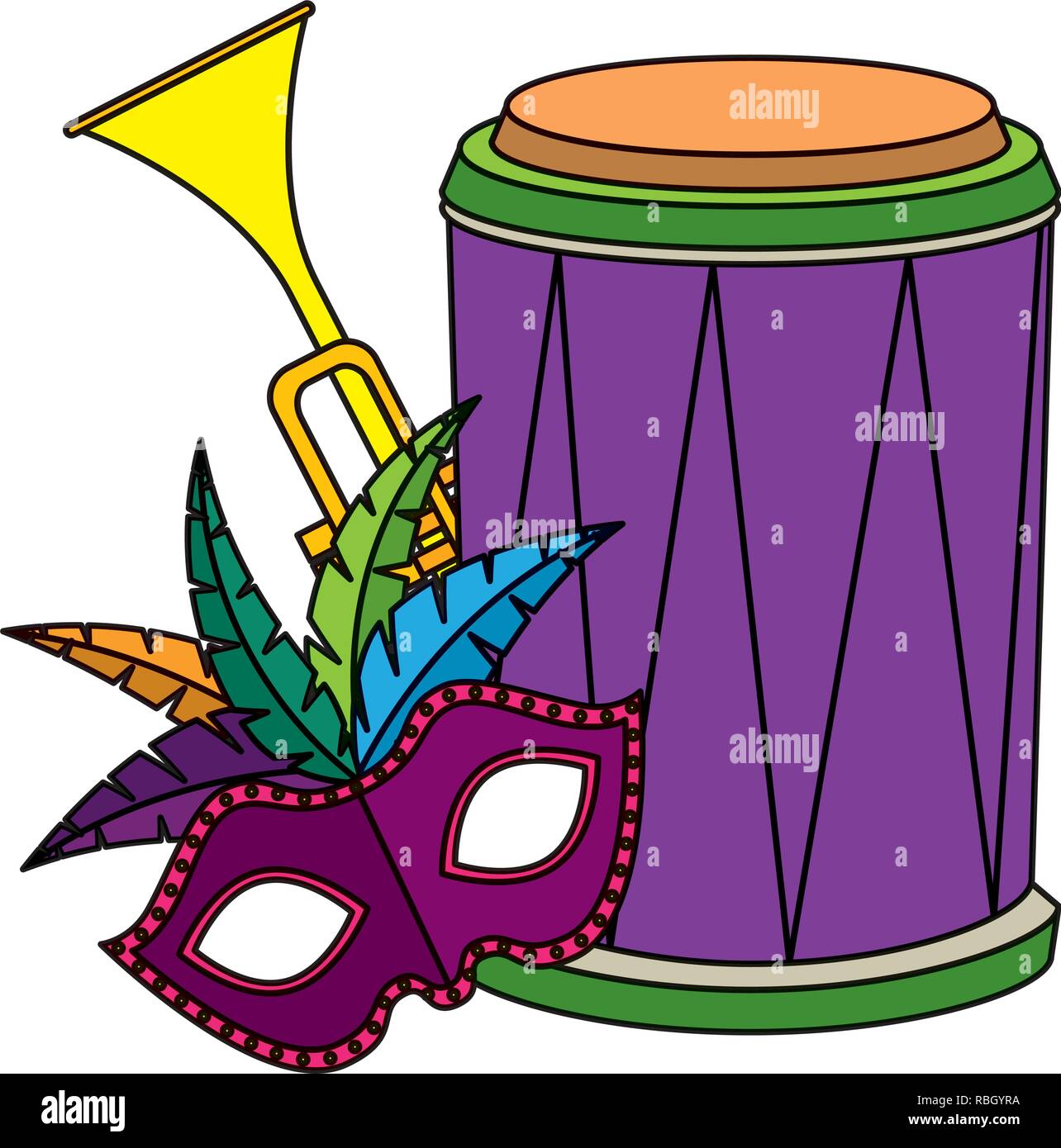 La máscara de carnaval con plumas e instrumentos musicales Imagen Vector de  stock - Alamy