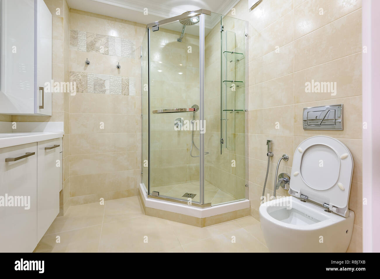 WC y ducha en el baño foto de archivo. Imagen de cristal - 215986852