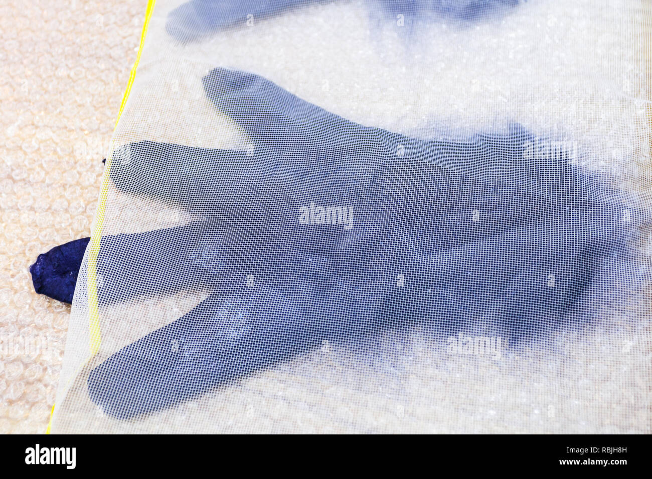 Taller de la mano haciendo un vellón de lana guantes de lana de oveja merina azul utilizando fieltrado húmedo proceso húmedo - guante con nuevas fibras en malla de plástico Foto de stock