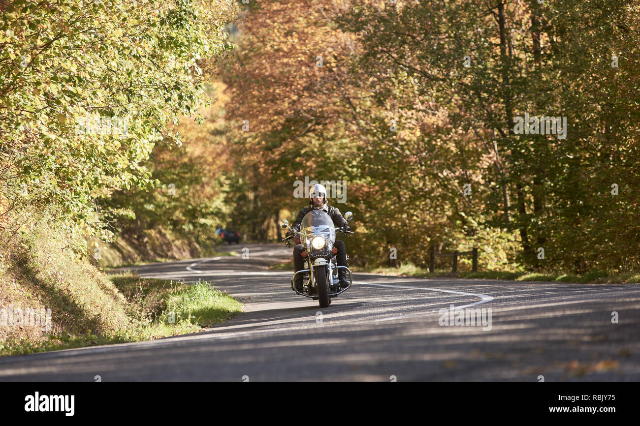 El motorista barbudo en casco, gafas y ropa de cuero negro montando en moto a lo largo de sinuosas carreteras de asfalto vacío entre altos árboles verdes en el soleado día de otoño. Concepto de estilo de vida activo. Foto de stock