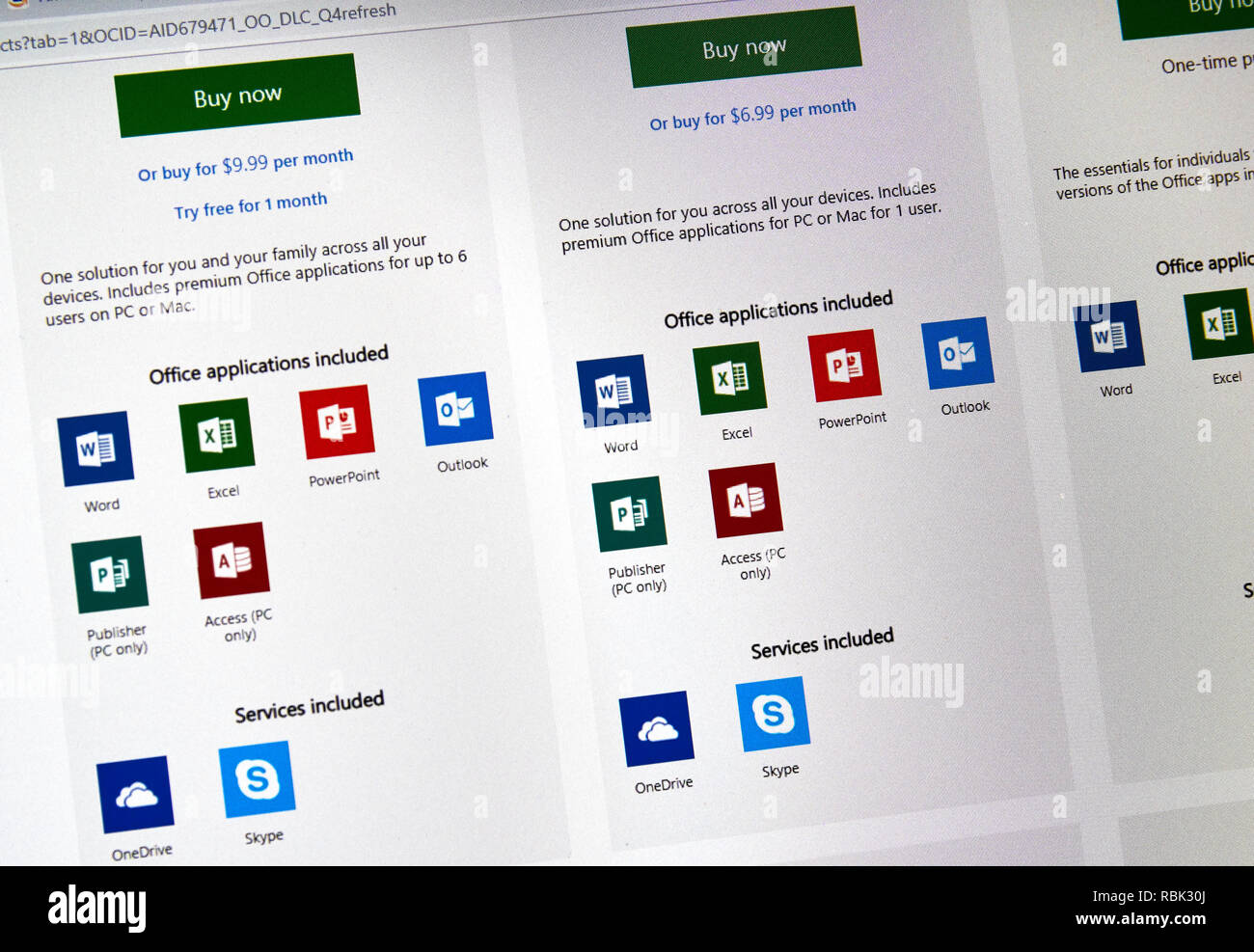MONTREAL, Canadá - 10 de enero de 2019: Microsoft Office 365 iconos en una  pantalla. Office 365 es el nombre de marca que Microsoft utiliza para un  grupo de suscripciones Fotografía de stock - Alamy