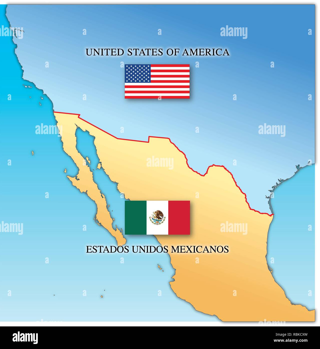 Mapa de la frontera de Estados Unidos y México con banderas nacionales,  ilustración vectorial Imagen Vector de stock - Alamy