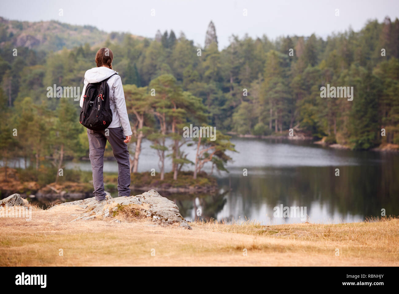Adulto joven mujer de pie sobre una roca, admirando la vista de un lago, vista posterior, Lake District, RU Foto de stock