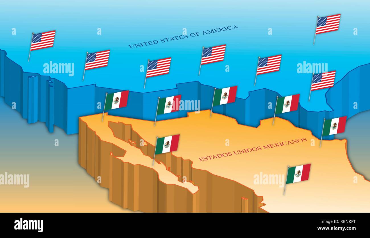 Mapa de la frontera de Estados Unidos y México con banderas nacionales