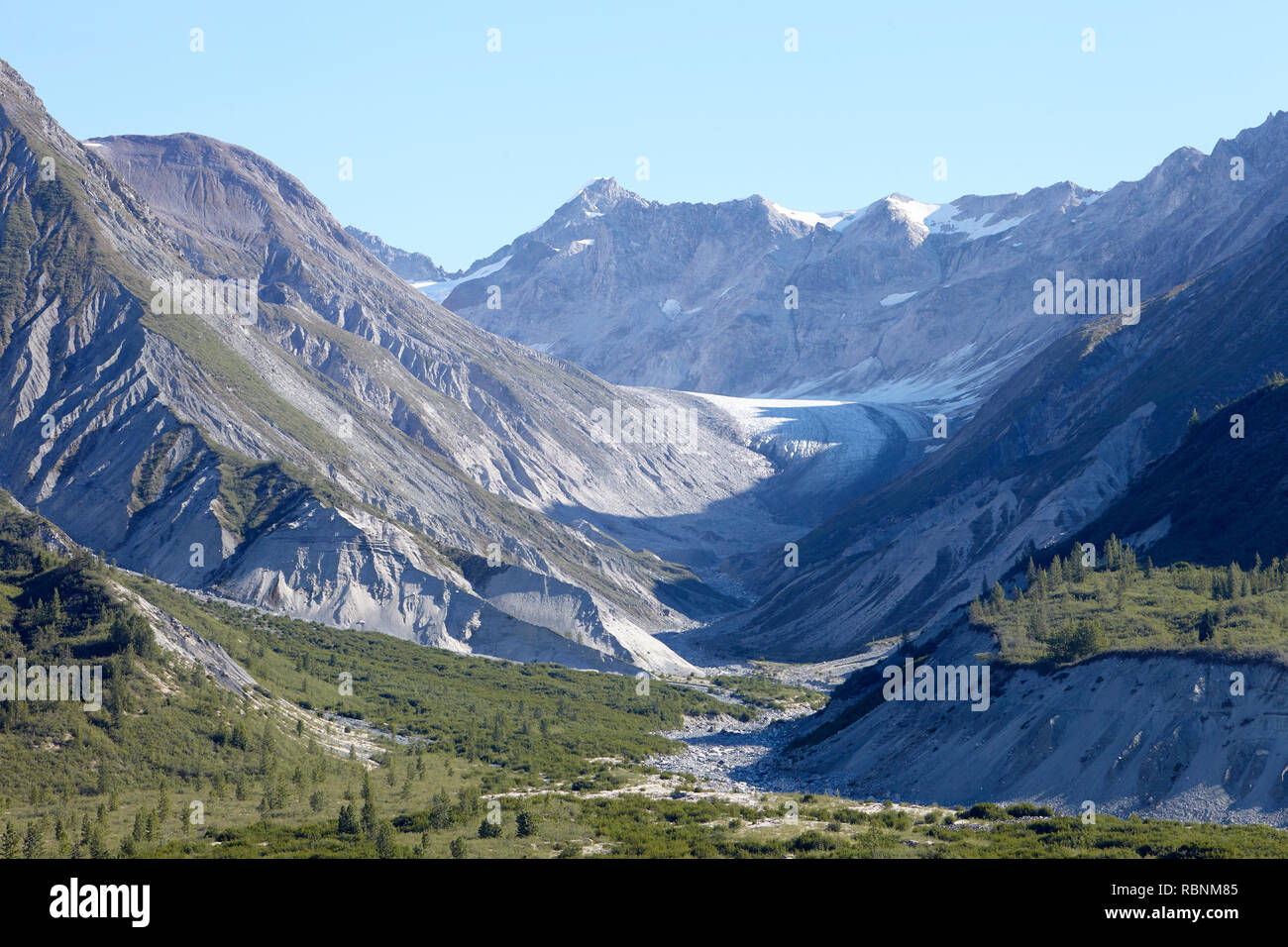 Ver más boscoso valle entre montañas de Alaska Foto de stock